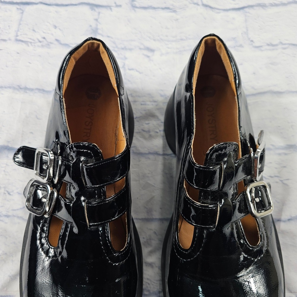 Joystry Platform Mary Jane Womens 42 9 Black Patent Leather Double Buckle Wedge - Picture 3 of 10